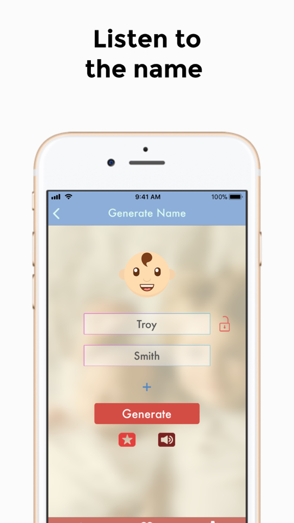 Baby Names Generator - ベビーネームジェネレーターのモバイルアプリ画面で、名前の発音を聞く方法を示しています。