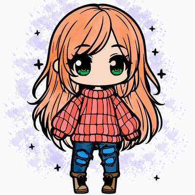 chibi girl with ripped jeans,long hair, and an oversized sweater