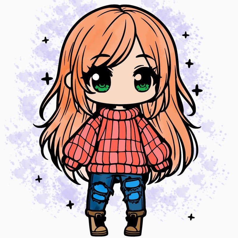chibi girl with ripped jeans,long hair, and an oversized sweater