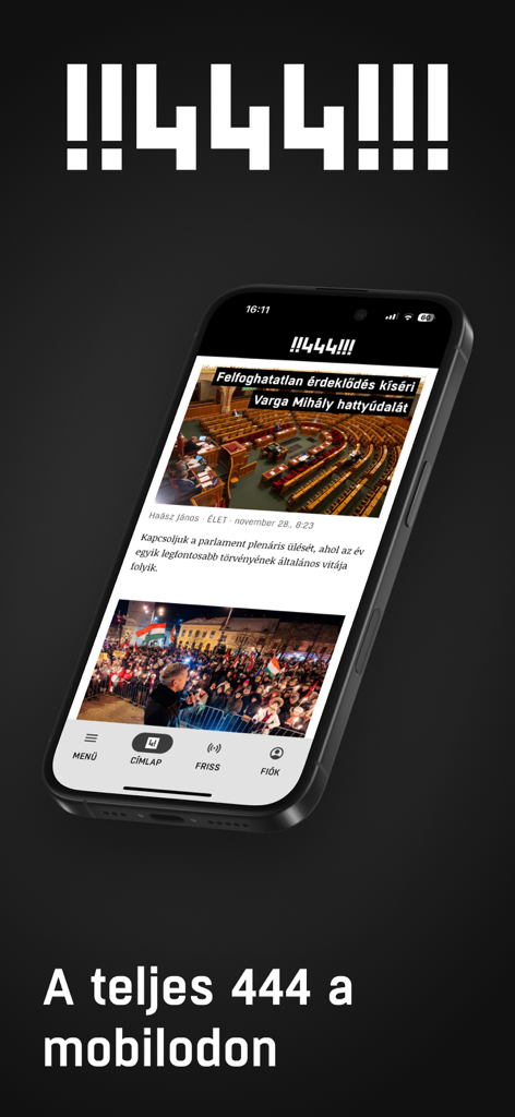 444.hu - Benutzeroberfläche der 444.hu-Nachrichten-App auf einem Smartphone, die unabhängigen ungarischen Journalismus zeigt.