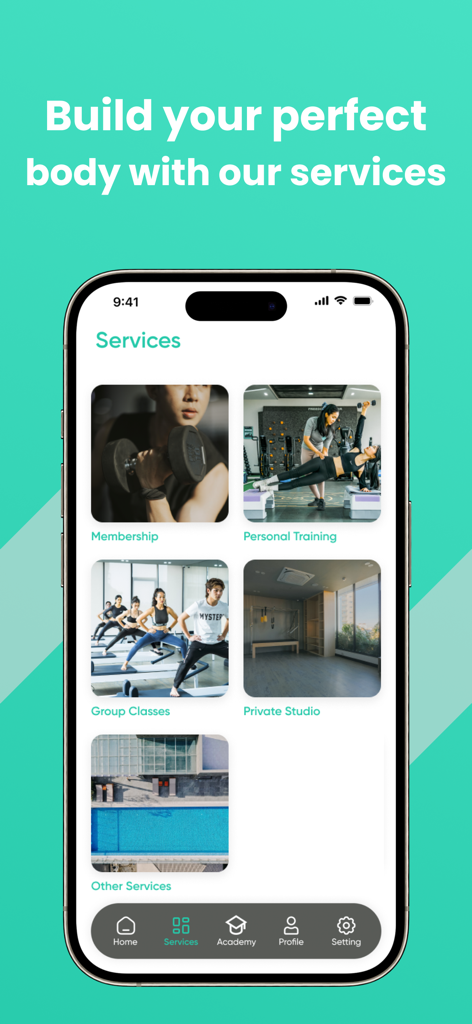 Go Gym Cambodia - Go Gym Cambodia app displaying various fitness services including membership personal training and group classes