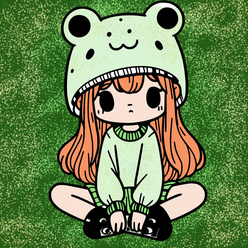 a girl wearing a frog hat and some frog socks
