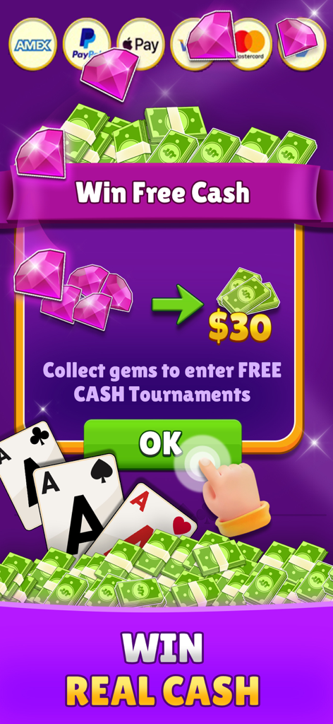 Solitaire Flash: Win Real Cash - Solitaire Flash app screen showing how to collect gems to enter free cash tournaments for real money prizes.