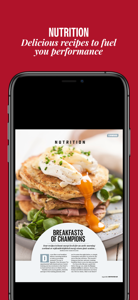 220 Triathlon Magazine - 220 Triathlon Magazine app displaying a nutrition article with healthy breakfast recipes for athletes