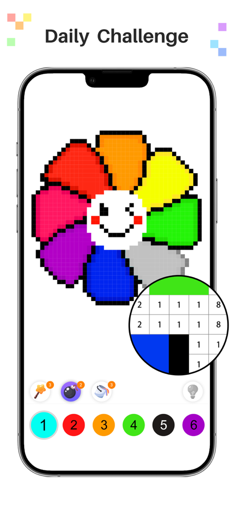 Pixel Color - Art By Numbers - Mobile screen showing a daily challenge in Pixel Color featuring a smiling colorful flower pixel art and numbered color palette