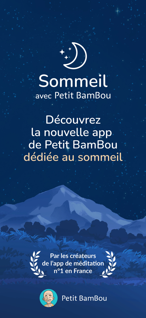 Sommeil avec Petit BamBou - Pantalla de inicio de la aplicación Dormir con Petit BamBou mostrando una noche estrellada y montañas