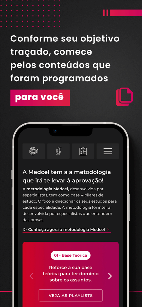 Medcel app interface showing personalized medical residency study content and theoretical base playlists.
