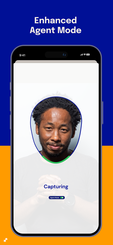 Smile ID - Smile ID App-Oberfläche, die den biometrischen Gesichtserfassungsbildschirm des Enhanced Agent Mode zur Identitätsprüfung anzeigt