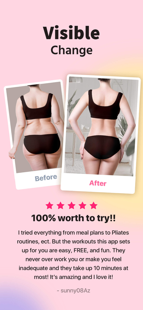 Before and after body transformation comparison with a five star user review for the Female Fitness app.