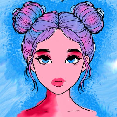 realistic girl with two buns on top of her head
