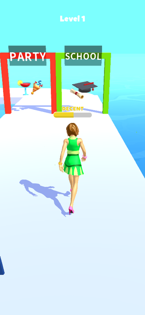 Un personaje en Run Rich 3D caminando hacia puertas etiquetadas Fiesta y Escuela