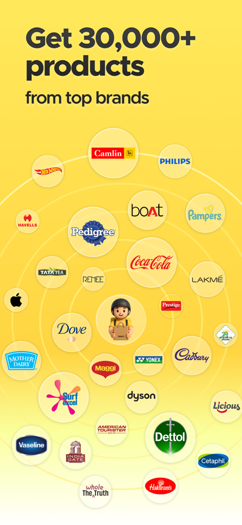 Blinkit: Groceries & more - Screenshot dell'app Blinkit che mostra un partner di consegna circondato dai loghi dei migliori marchi come Coca-Cola, Dove e Cadbury