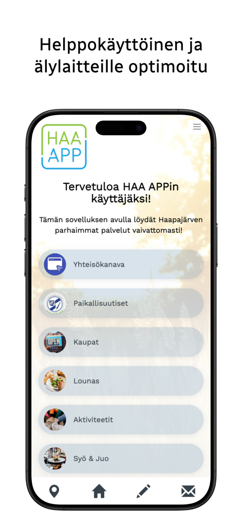 Haa App - Haa App Startbildschirm mit lokalen Dienstleistungen in Haapajärvi, einschließlich Geschäften, Mittagessen und Aktivitäten