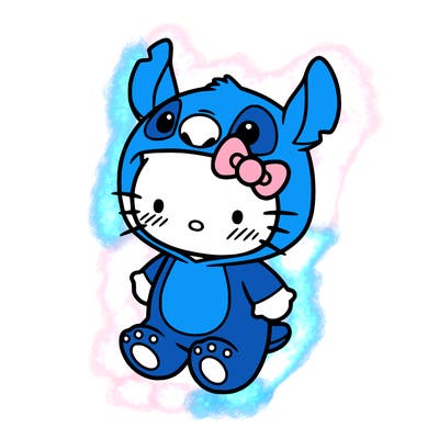 little cute hello kitty, blushing with little stitch costume