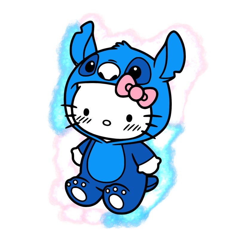 little cute hello kitty, blushing with little stitch costume
