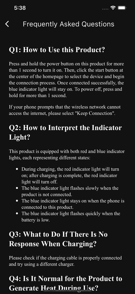 EarVision - Página de Preguntas Frecuentes de la aplicación EarVision que muestra instrucciones sobre cómo usar el dispositivo e interpretar las luces indicadoras