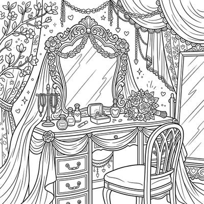 Step into a world of bridal elegance with this beautifully detailed coloring page featuring a classic wedding vanity table. Adorned with delicate flowers, sparkling rings, and a gorgeous bouquet, it's perfect for celebrating love and creativity.