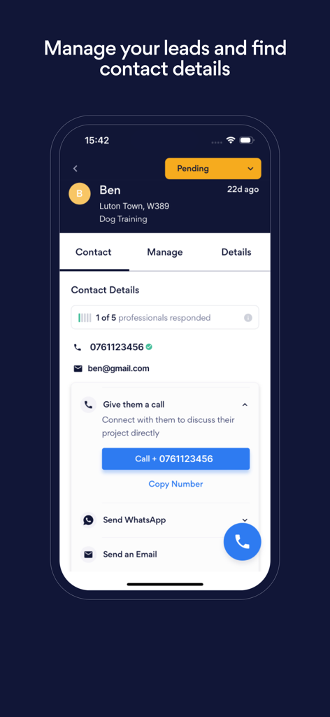 Bark for Professionals app screen displaying contact information for a dog training service lead