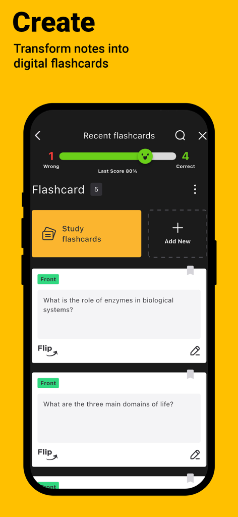 The interface of the Five Star Study App showing digital flashcards created from student notes