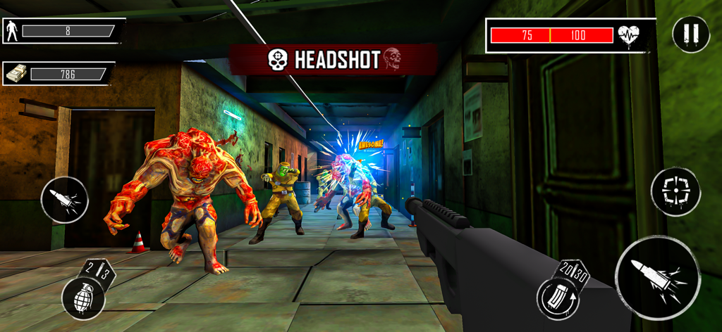 Zombie Graveyard Gun Shooting - First person shooter gameplay showing a player aiming at mutated zombies in a dark hallway