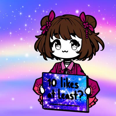 a cute anime girl holding a sign that says,” 10 likes at least?