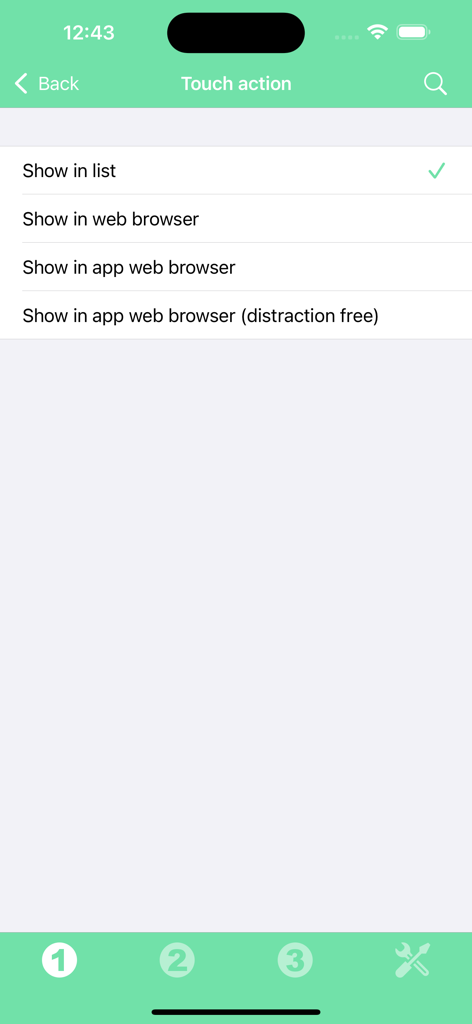 Horoscope widget settings menu showing options for touch actions like opening in a web browser or a distraction-free view