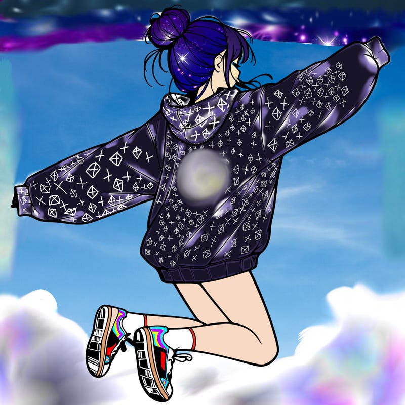realistic girl jumping with a bun and oversized sweatshirt