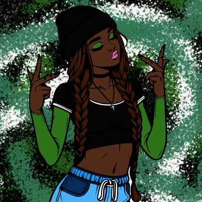 realistic teenage girl with braids and a beanie and crop top doing 🫶🏼