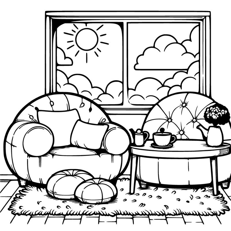 a cozy living room scene with a soft%2c round armchair%2c a small coffee table with a teapot and a cup%2c a fluffy rug%2c and a window showing a sunny sky with puffy clouds. black outline only%2c simple and easy to color with minimal details%2c no shading%2c and a white background.