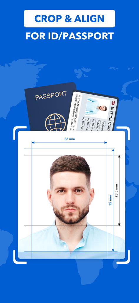 Una interfaz de aplicación móvil mostrando la cara de un hombre con guías de recorte y alineación para una foto de pasaporte