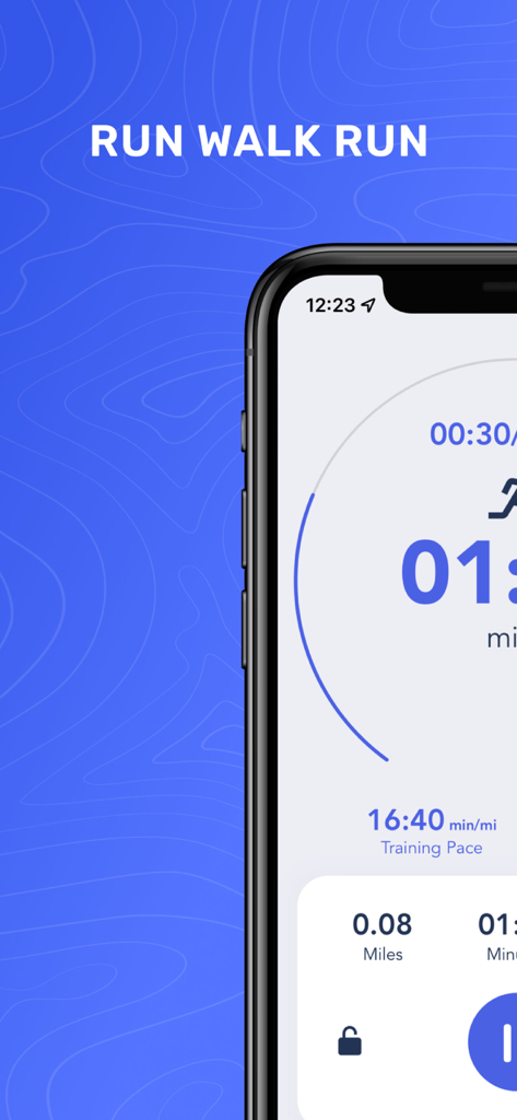 Jeff Galloway Run Walk Run - Jeff Galloway Run Walk Run app interface showing a running timer and training pace.