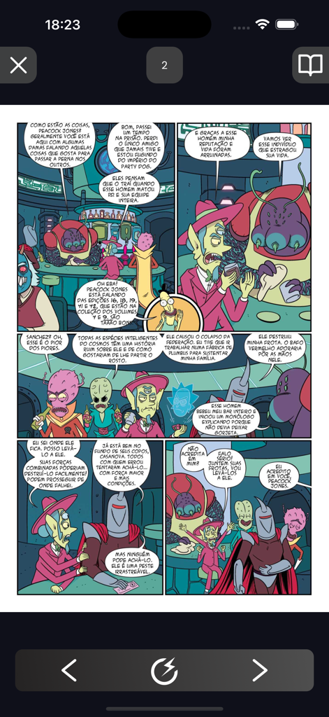 A science fiction comic book page displayed within the Super Comics mobile app interface featuring various alien characters and speech bubbles.