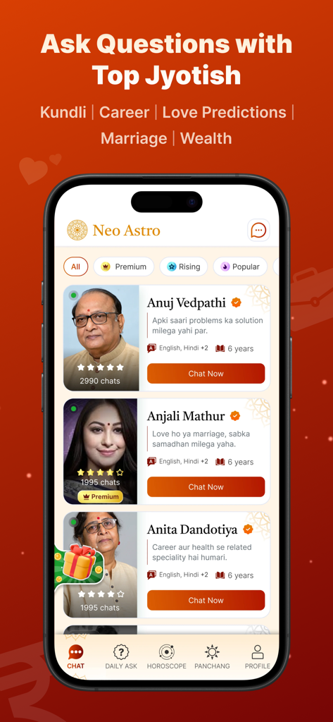 NeoAstro app screen showing a list of expert Jyotish astrologers available for chat on Kundli career and marriage predictions