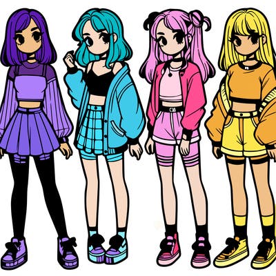 one girl with crop-top shirt and a jacket with a skirt, long socks and another girl with a shirt and pants with a jacket