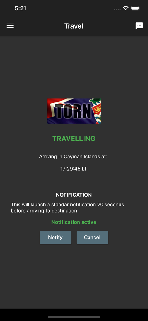 Torn PDA - Torn PDA travel arrival notification screen for Cayman Islands