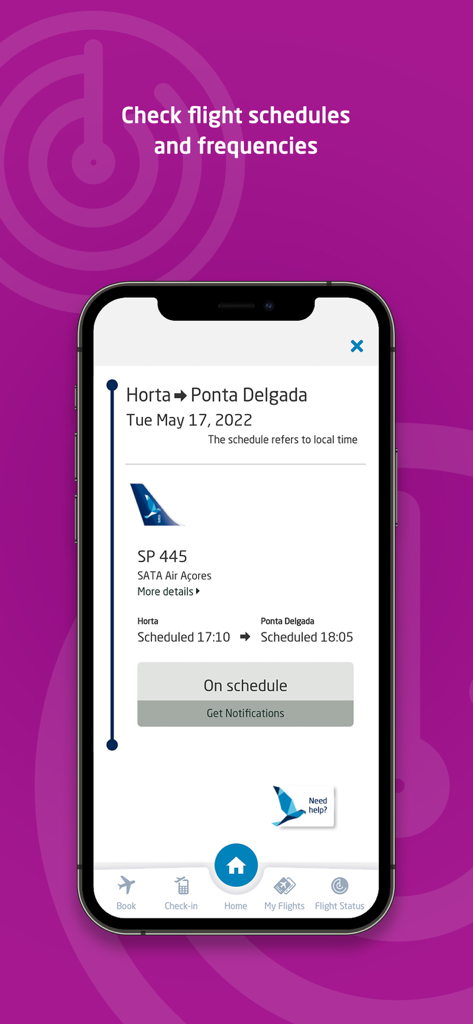SATA Azores Airlines - Schermata dell'app SATA Azores Airlines che mostra lo stato e l'orario di un volo da Horta a Ponta Delgada