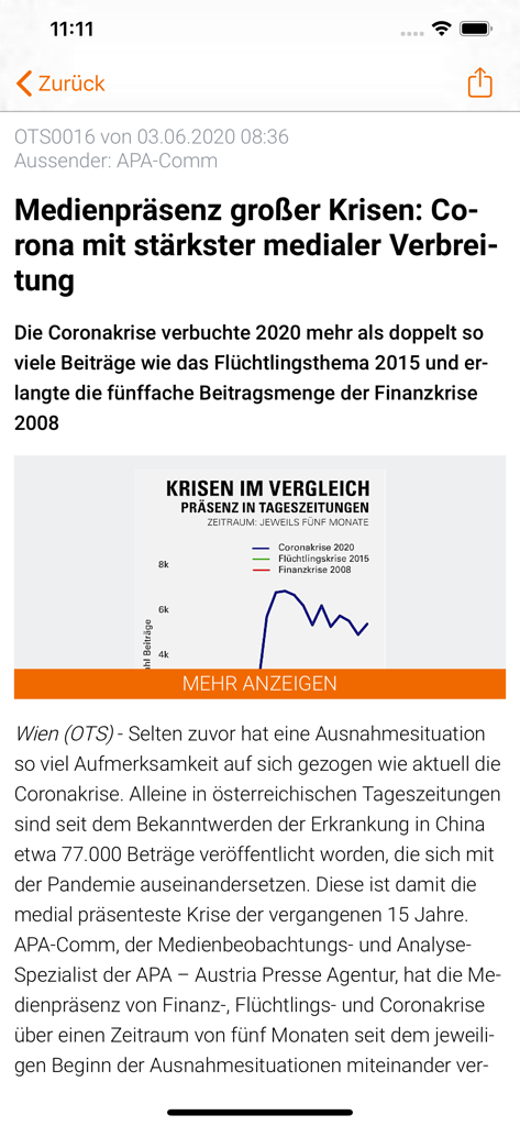 APA-OTS - A screenshot of the APA-OTS app showing a news article in German comparing the media presence of different global crises with a line graph.