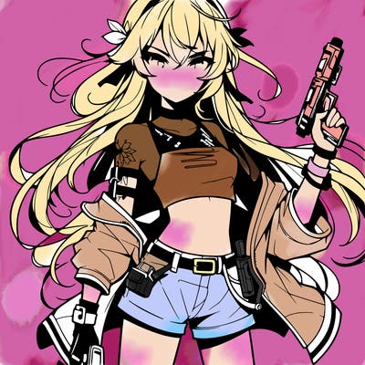 bad girl wearing crop top holding a gun long hair anime