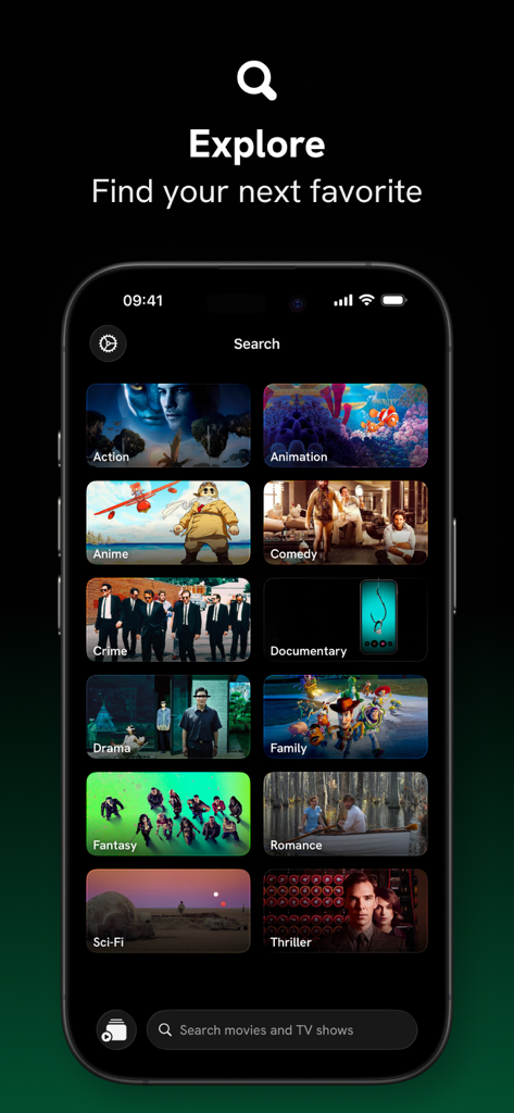 B.Roll – Movies & TV Tracker - B.RollアプリのExplore画面。映画とTV番組のカテゴリが表示されています。