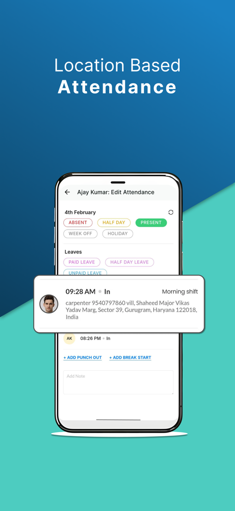 Screenshot of SalaryBox app showing location-based attendance and GPS tracking for employees