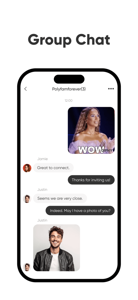 A smartphone display showing a group chat conversation on the 3Fun dating app featuring text messages and shared photos between users.