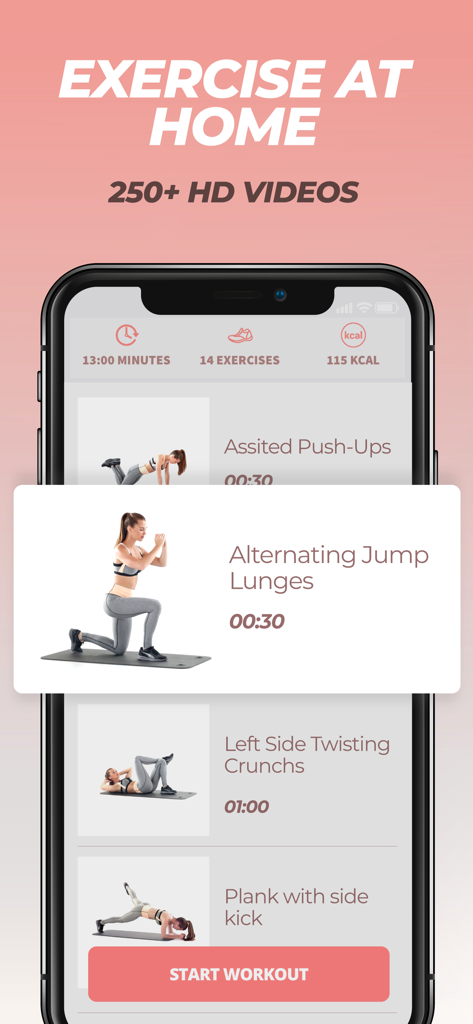 Workout & Women Fitness: BeFit - Interface do aplicativo Befit mostrando uma lista de vídeos de exercícios para treinos em casa, incluindo afundos com salto e abdominais rotacionais.