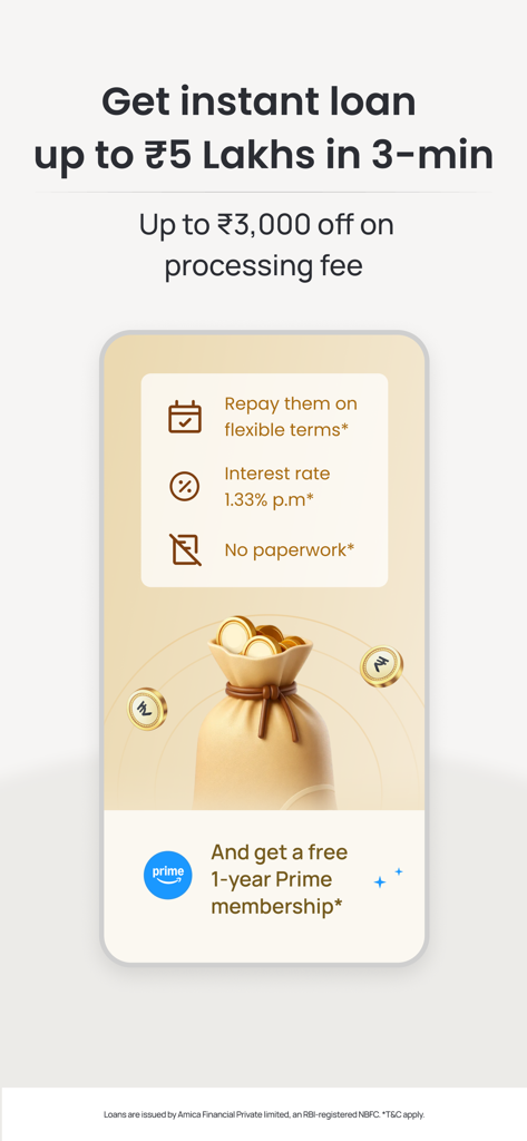 Jupiter: Cards, UPI, Banking - Jupiterアプリのプロモーション画面。柔軟な条件と無料の1年間のプライムメンバーシップで最大50万ルピーの即時個人ローンを提供しています。
