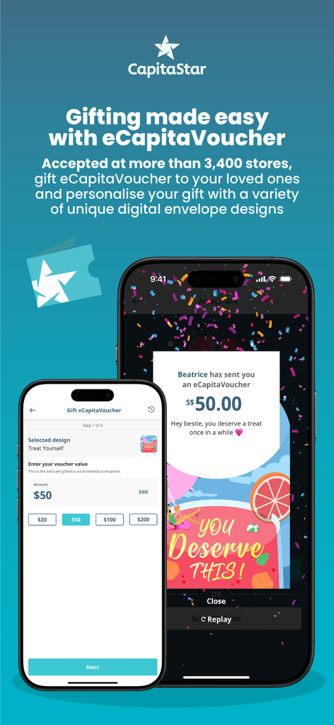 Mobile interface showing how to send and personalize eCapitaVouchers using the CapitaStar app.