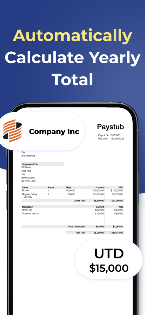 Mobile app screen showing a professional paystub with automatic year-to-date income and deduction calculations