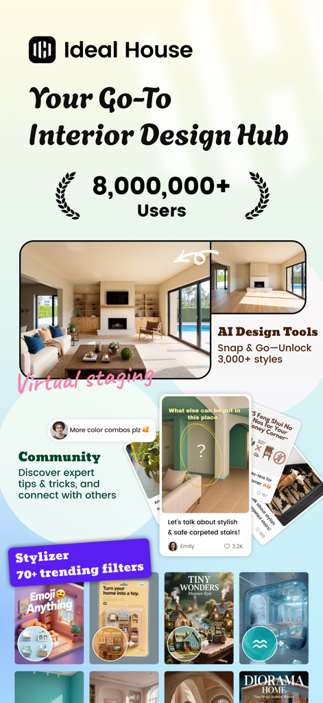 AI Home Design: Ideal House - Ideal House app interface showcasing AI virtual staging and interior design tools for home renovation