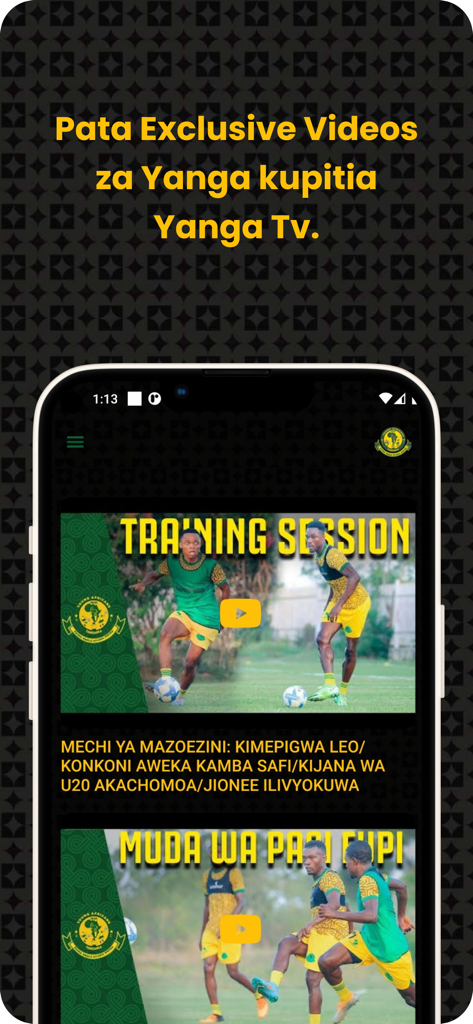 Yanga SC app screen displaying exclusive football training session videos on Yanga TV