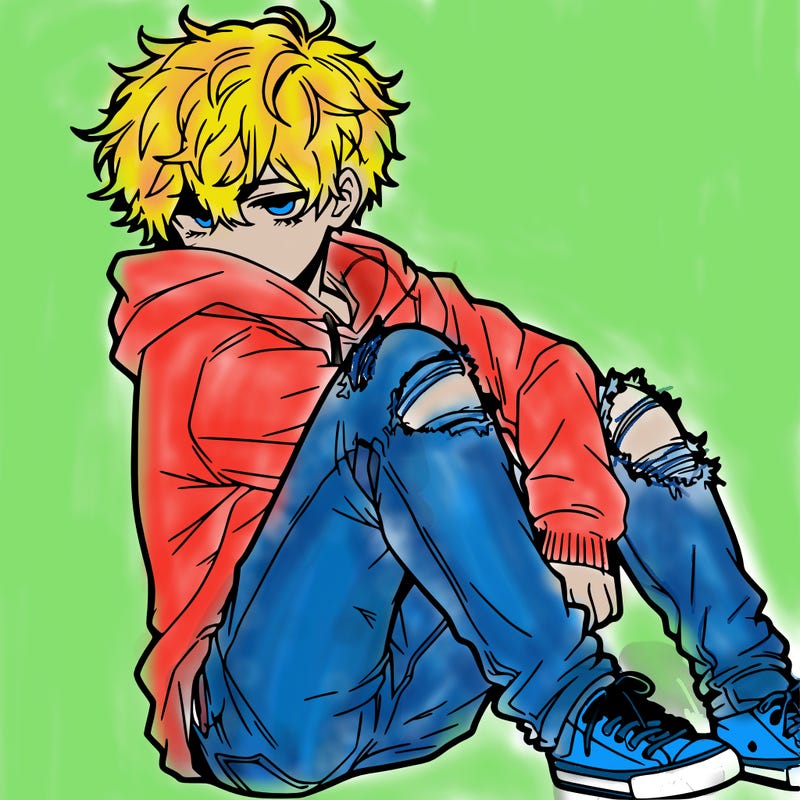 a male hoddie ripped jeans messy hair anime