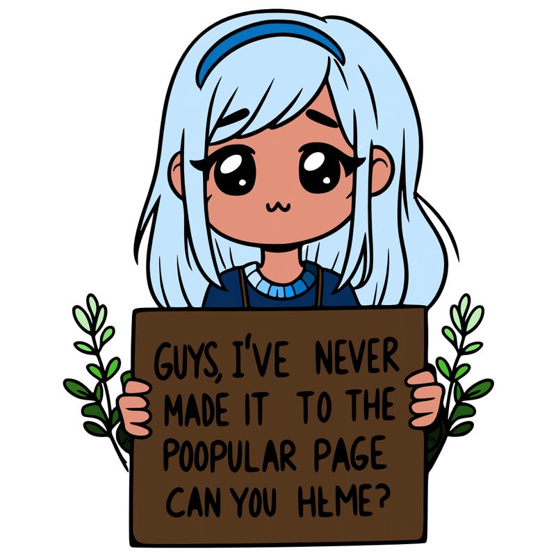 a girl holding up a sign that says, guys, i’ve never made it to the popular page, can you help me?