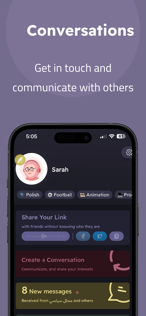 Fadfadah Chat - Fadfadah Chat app interface showing a user profile for Sarah with interests, sharing link options, and a new messages notification.